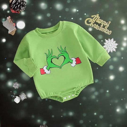Discover Green Monster Christmas Baby Romper 318M | Funny Holiday Infant Jumpsuit | Long Sleeve Newborn Outfit for Boys & Girls