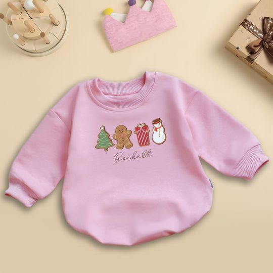 Personalized Christmas Romper Sweatshirt, Cute Gingerbread and Snowman Baby Bodysuit, Trendy Baby Romper, Holiday Outfit for Baby Boy/Girl