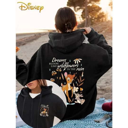 Discover Disney Bambi "Wildflower Dream" Printed Zipper Hoodie Autumn/Winter New Casual Fashion Men's and Women's Street Wear