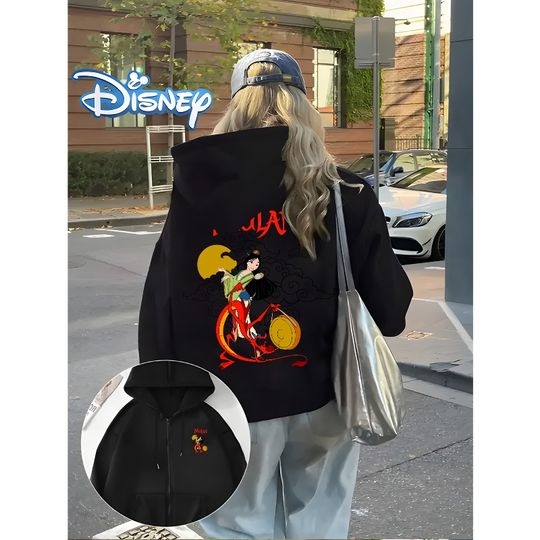 Discover Disney Women's Mulan and Xiaolong Mushu Women's Zipper Hoodie Autumn/Winter New Casual Loose Men's and Women's Street Wear