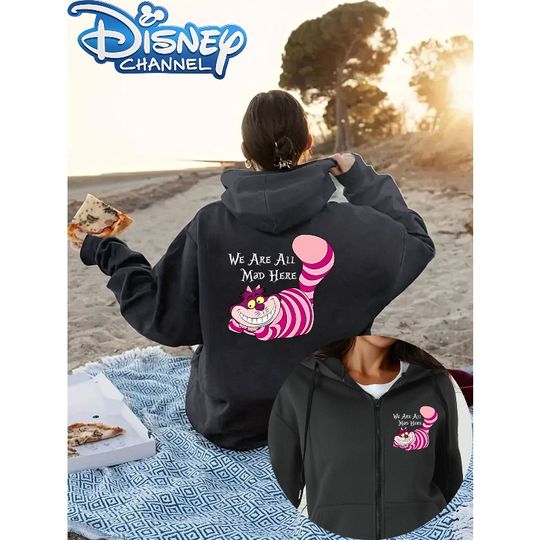 Discover 2025 Autumn/Winter Disney Women's Zipper Hoodie Cheshire Cat Alice's Adventures in Wonderland Casual Regular Style Breathable