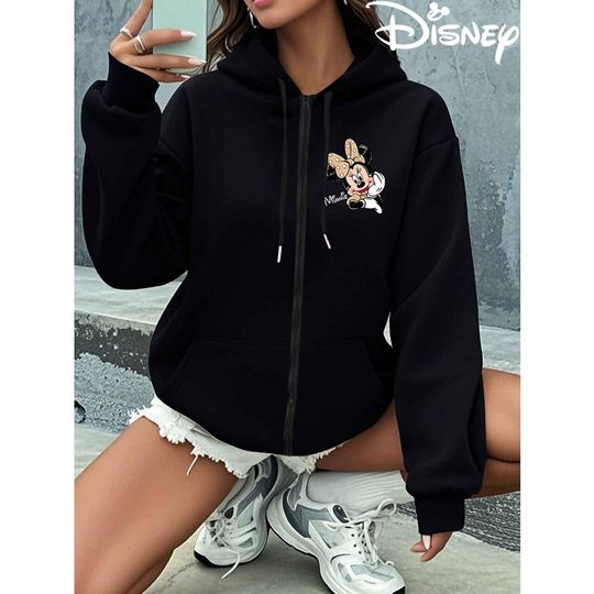 Discover 2025 Autumn/Winter Disney Minnie Mouse Pattern Hooded Zipper Hoodie Casual Loose Warm Long Sleeve Suitable for Home Travel