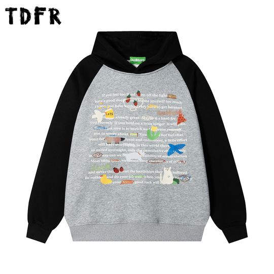 Cartoon Letter Print Hooded Sweatshirts Mens Autumn Winter  Retro Y2k Casual Loose Raglan Sleeve Hoodies Man