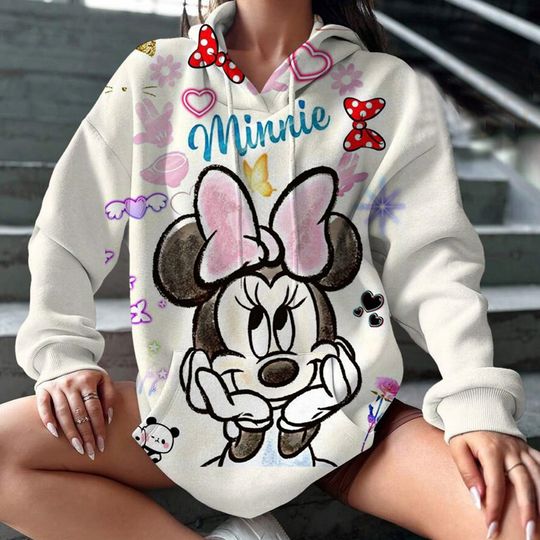 Discover Women's pullover fashionable casual Disney Mickey Mouse fun print hooded sweatshirt loose sports top pullover