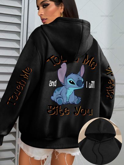 Discover Disney Women's Stitch Touch Me I'll Bite You Fleece Hoodies Cotton Hoody Sweatshirt Pullover Autumn Winter Oversize Coats Top