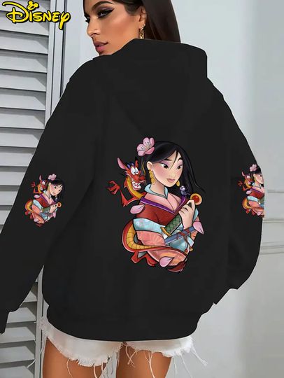 Discover Disney Mulan print pattern, men's and women's hoodies, stylish kangaroo pocket long sleeved pullover, comfortable