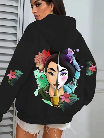 Discover Disney Mulan print men's and women's hoodie - black flower and sword pattern, kangaroo pocket, comfortable long sleeved