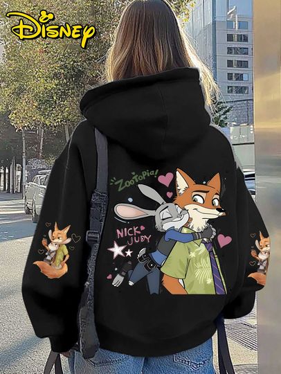 Discover Disney Judy Hopps and Nick Wilde's Zootopia Women's Hoodie Pink Badge and Nick Heart Print Design Comfortable Winter Hoodie