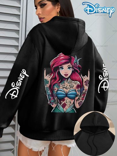 Discover Disney Women's Little Mermaid Flounder Fleece Hoodies Men Cotton Hoody Sweatshirt Pullover Autumn Winter Oversize Coats Sweats