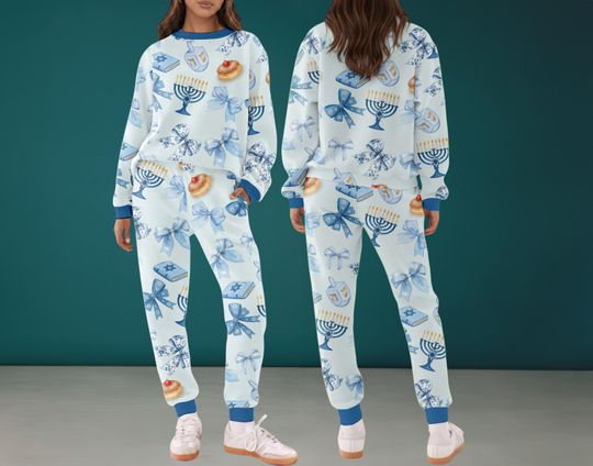 Coquette Hanukkah Silky Satin Pajama Set For Women And Kids, Blue Menorah Set, Jewish Holiday Outfit, Dreidel Lounge Set, Cozy Hanukkah Gift