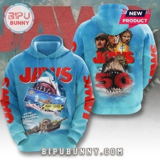 Jaws 50th Anniversary 1975-2025 3D Hoodie Jaws Shark Horror Movie