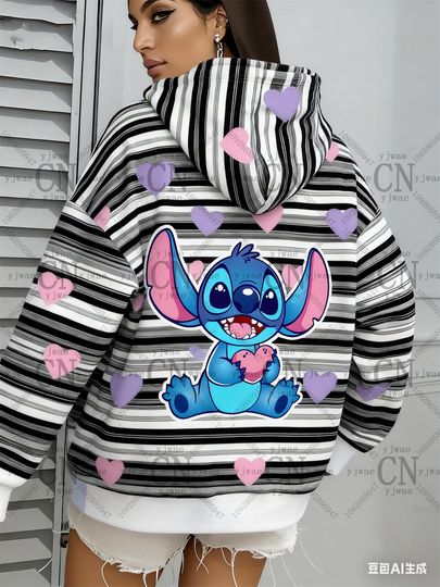 Discover Stitch Cartoon Color Blocked Graphic Hoodie 3d Printed Design For Autumn And Winter New Women'S Outdoor Sportswear Hoodie