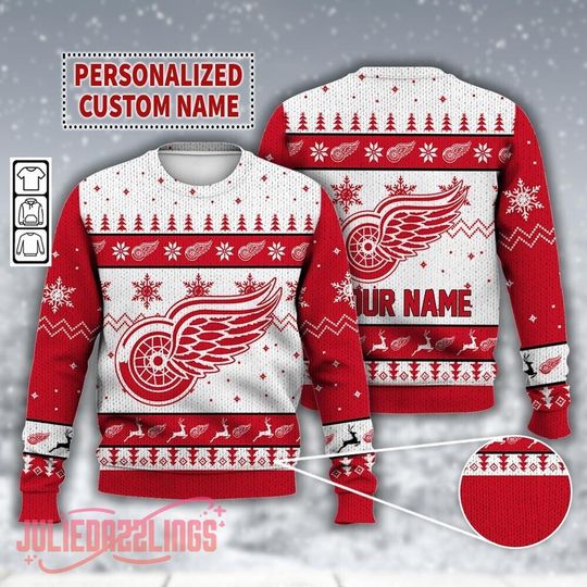 Custom Name Detroit Red Wings Ice Hockey Ugly Christmas Sweater,Funny Christmas Hoodie, Hockey Gifts Shirt, Merry Xmas Gift