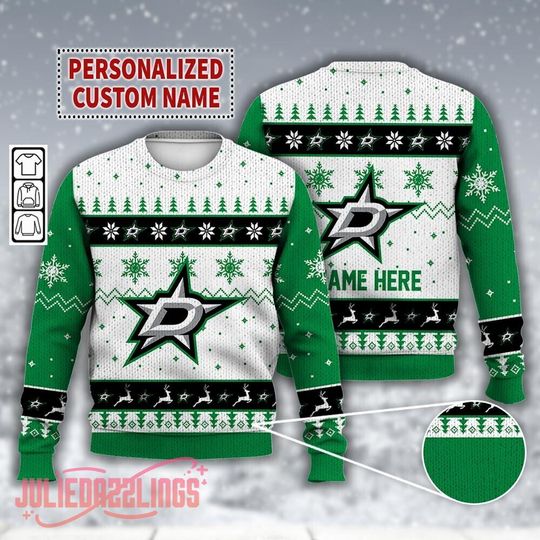 Discover Custom Name Dallas Stars Ice Hockey Ugly Christmas Sweater,Funny Christmas Hoodie, Hockey Gifts Shirt, Merry Xmas Gift