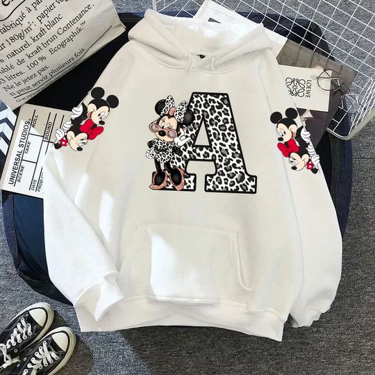 Discover 2024 Women's Winter Jacket Cute Kawaii Disney Mickey Mouse Lucky Letters Print White Hoodie Fashion Couple Streetwear Sportswear