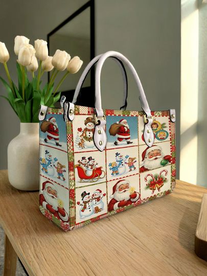 Discover Christmas Santa Claus Leather Handbag, Women's Shoulder Bag, Vintage Crossbody Bag, Top Handle Bag