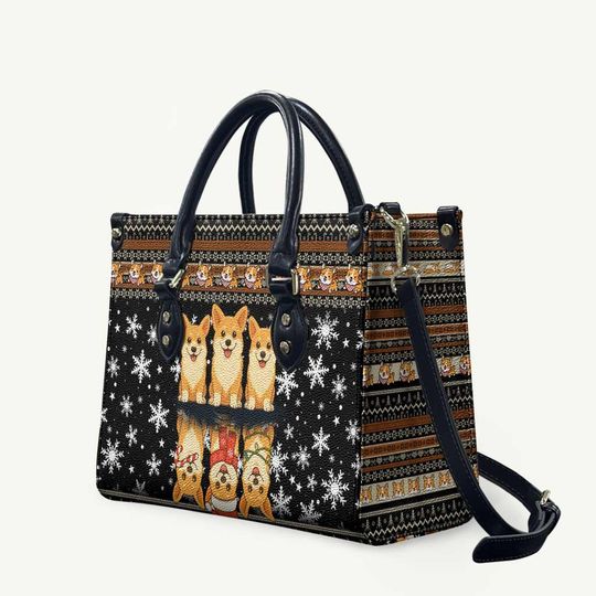 Discover Leather Handbag Pembroke Welsh Corgi Holiday Purse with Snowflake Pattern, Cute Dog Lover Gift for Women, Xmas Bag