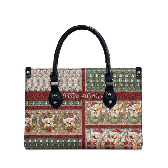 Discover Leather Handbag Corgi Christmas Purse Merry Corgmas Dog Lover Gift Tote for Women, Holiday Bag Cute Pet Design