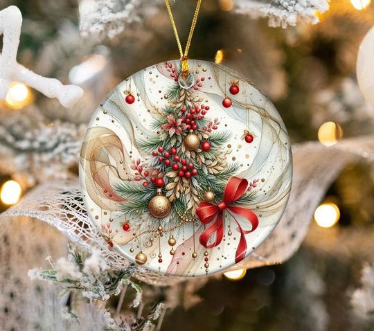 Discover Elegant Christmas Tree Ceramic Ornament, Red Bow Gold Baubles Berries and Pine Accents, Luxury Holiday Tree Decoration Gift Xmas Keepsake