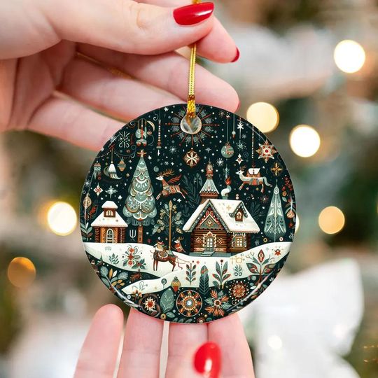 Discover Vintage Winter Village Ceramic Christmas Ornament with Snowy Cabin Scene, Scandinavian Folk Art Holiday Tree Decoration Xmas Keepsake