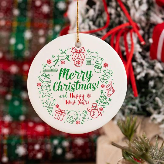 Discover Merry Christmas and Happy New Year Ornament, Cute Holiday Ceramic Tree Decoration with Festive Icons for Family Gift, Holiday Xmas Gift Idea