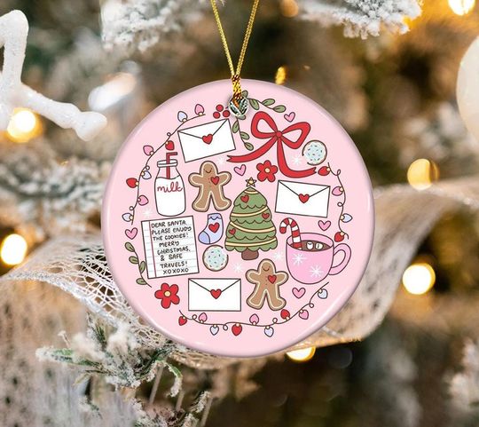Discover Cute Santa Letter Ceramic Christmas Ornament with Gingerbread Cookies, Milk, Candy Canes and Pink Background  Fun Holiday Gift or Keepsake