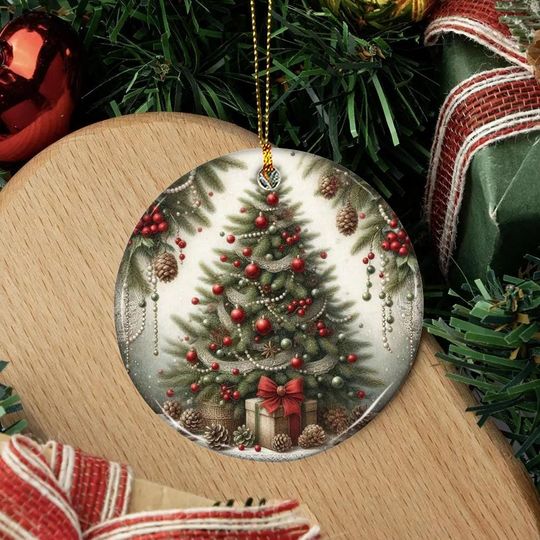Rustic Ceramic Christmas Tree Ornament with Red and Green Baubles, Pinecones, Gift Box, and Vintage Garland
