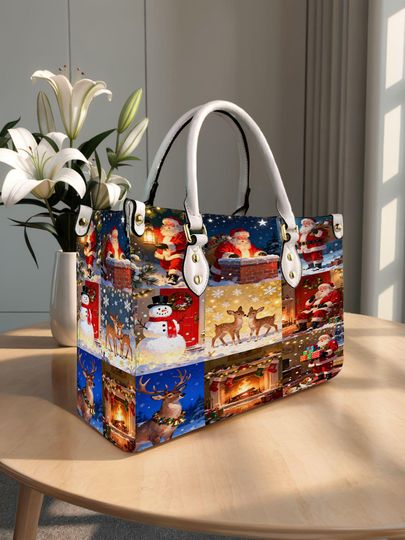 Discover Christmas Santa Claus, Snowman, Reindeer Personalized Leather Handbag, Christmas Woman Shoulder Bag, Vintage Crossbody Bag, Top Handle Bag