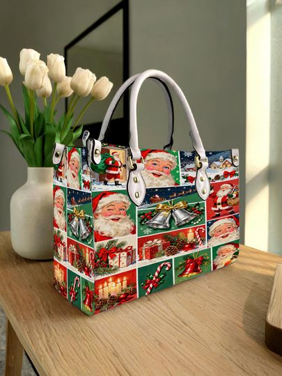 Discover Christmas Santa Claus Personalized Leather Handbag, Christmas Santa Claus Woman Shoulder Bag, Vintage Crossbody Bag, Top Handle Bag