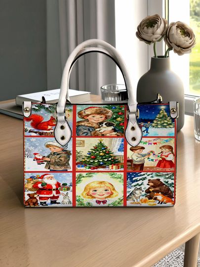Discover Christmas Tree, Santa Claus, Squirrel Personalized Leather Handbag, Christmas Woman Shoulder Bag, Vintage Crossbody Bag, Top Handle Bag