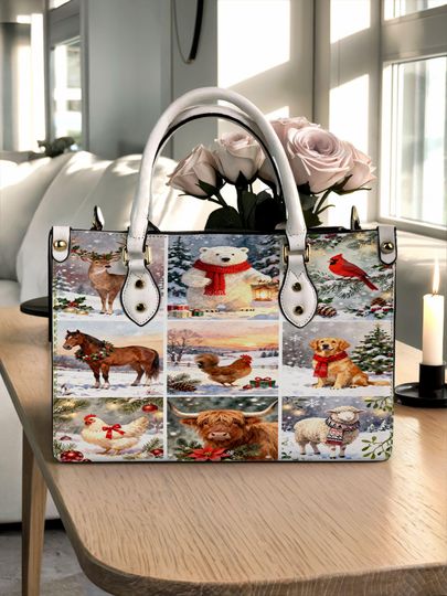 Discover Christmas Animal Highland Cow, Reindeer, Farm Chicken Personalized Leather Handbag, Christmas Shoulder Bag, Crossbody Bag, Top Handle Bag