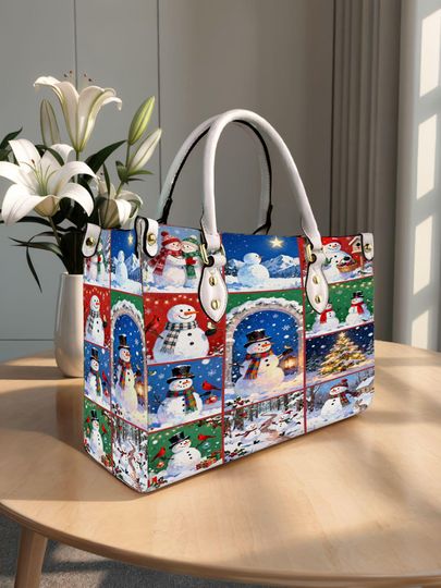 Discover Christmas Snowman, Santa Claus, Squirrel, Reindeer Personalized Leather Handbag, Shoulder Bag, Vintage Crossbody Bag, Top Handle Bag