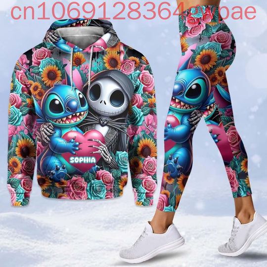 Discover Disney Stitch Cartoon Women's 3D Print Funny Hoodie Legging Set Casual Women's Y2k Yoga Pants Sweatshirt Fashion Sports Suit