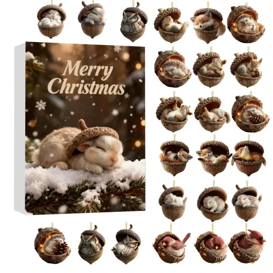 Discover Forest Animal Acorn Ornaments 2025 Christmas Advent Calendar 24pc Hangs Decor
