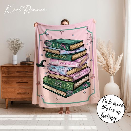 Wicked Book Fleece Blanket Featuring Elphaba and Glinda, Shiz University Design, Halloween and Christmas Gift