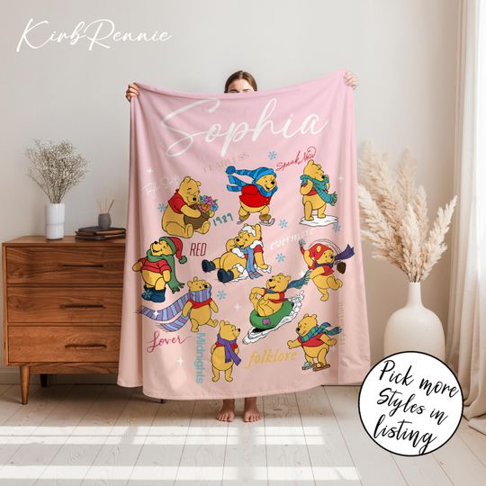 Discover Personalized Winnie the Pooh Baby Blanket, Custom Name Cartoon Fleece Blanket, Soft Nursery Throw, Baby Shower Gift