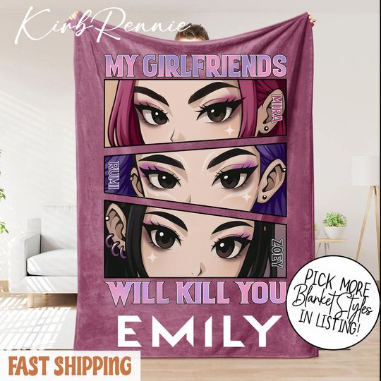 Discover Personalized Kpop Demon Hunters Fleece Blanket with Name, Custom Huntrix Anime-Inspired Christmas Gift for Family