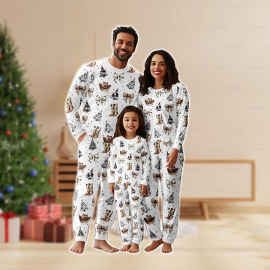Western Coquette Christmas Matching Family Pajamas Set, Cowboy Boots Hat Pajamas, Christmas Trees Sweatshirt And Pants, Xmas Loungewear