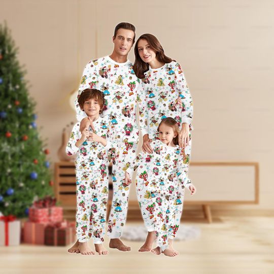 Discover Mickey And Friends Lights Christmas Family Pajamas Set, Disneyland Pajamas, Mickey Minnie Sweatshirt And Pants, Magic Kingdom Pajamas