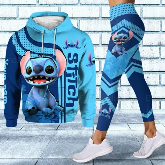 Discover Custom Name Disney Stitch Christmas 3D Hoodie and Leggings Set Women's Disney Mickey Yoga Sweatpants Hoodie Fashion Sports Suit
