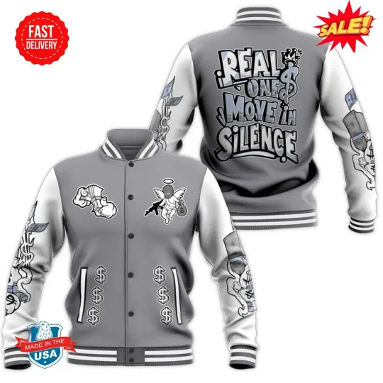 Discover Low Cement Grey 11s Baseball Jacket - Ones Move In Silence Graphic