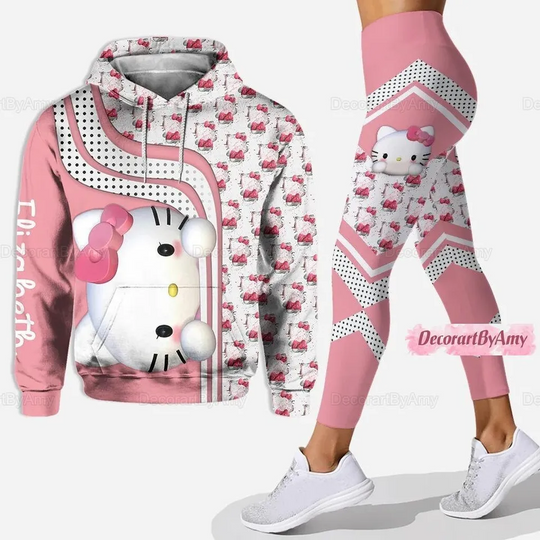 Discover Disney Hello Kitty 3D Hoodie Women's Hoodie Leggings Sets Patchwork Yoga Pants Sweatpants Fashion Sports Set Disney Yoga Set