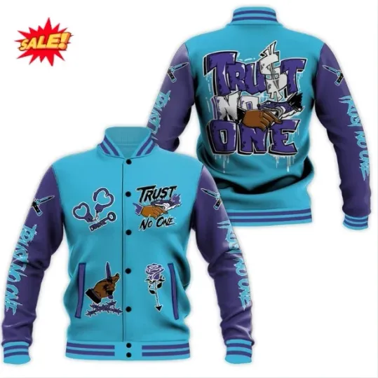 Discover Retro Aqua 6s Baseball Jacket, Trust No One Dripping All Over Print