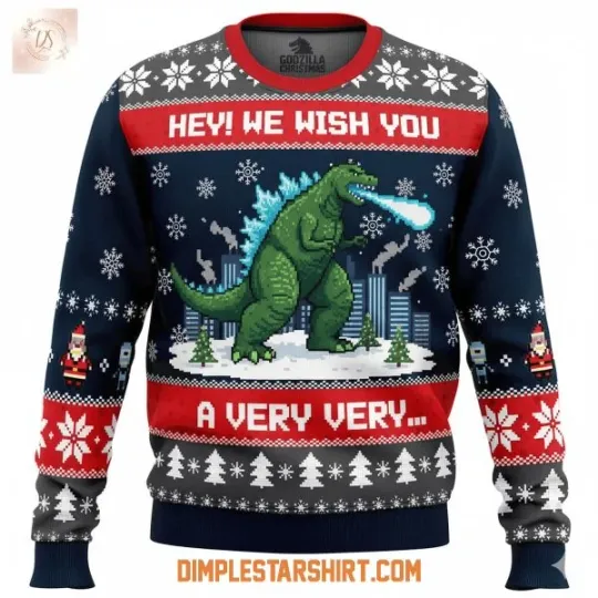 god zilla We Wish You Christmas Ugly Sweater S-5XL