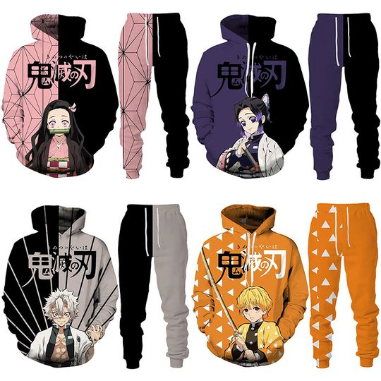 Discover Anime demon Hoodies 3D Printed Cosplay pants+Hoodie 2PCS Set Tracksuit Men Oversize Vintage Streetwear Hoodie Pants Sets