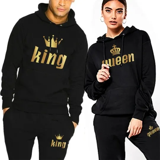 Discover Men Women Tracksuit King And Queen Letter Print Hoodie and Jogger Pants Jogging Suit Sportswear Casual Fashion Couple Outfits