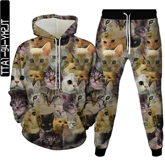 Discover Men's 3D realistic cat print sweatshirt set – stylish and trendy hooded sweatshirt and joggers outfit