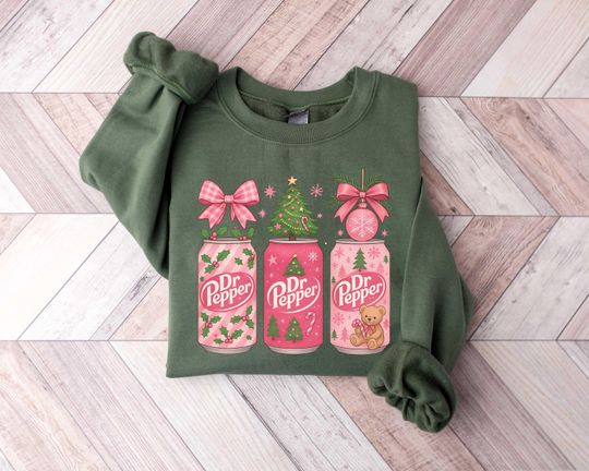 Discover Christmas Dr Pepper Sweatshirt, Pink Bow Festive Holiday Hoodie, Trendy Xmas Soda Sweater, Coquette Bow Coke Tshirt, Dr Pepper Lover Gift