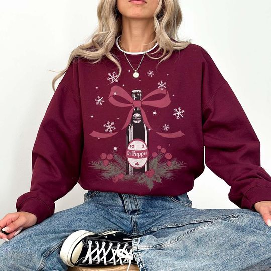 Christmas Dr Pepper Bow Fleece Sweatshirt Maroon, Youth Sweatshirt, Dr Pepper Sweatshirt, Soda Lover Sweatshirt, Gift for Her, Girl Outfit