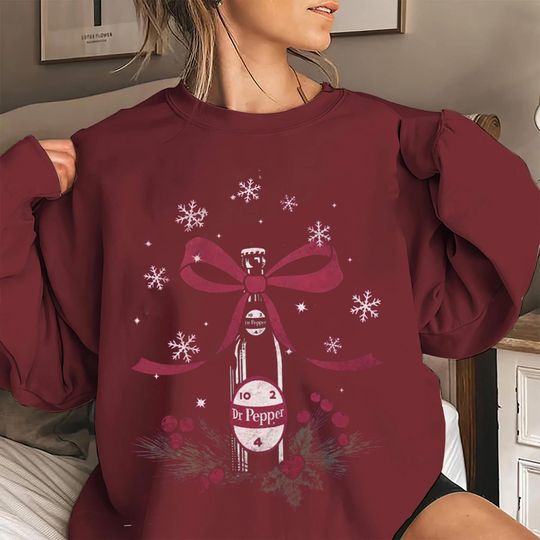 Christmas Dr Pepper Bow Fleece Sweatshirt Maroon, Youth Sweatshirt, Dr Pepper Sweatshirt, Soda Lover Sweatshirt, Gift for Her, Girl Outfit